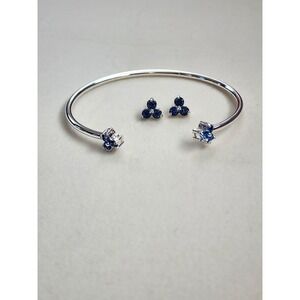 New SAQ Signed Blue Crystal Silver Plate Bracelet & Earring Set In Box FREE $HIP